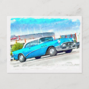 Postal Coche azul clásico Buick