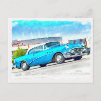 Postal Coche azul clásico Buick