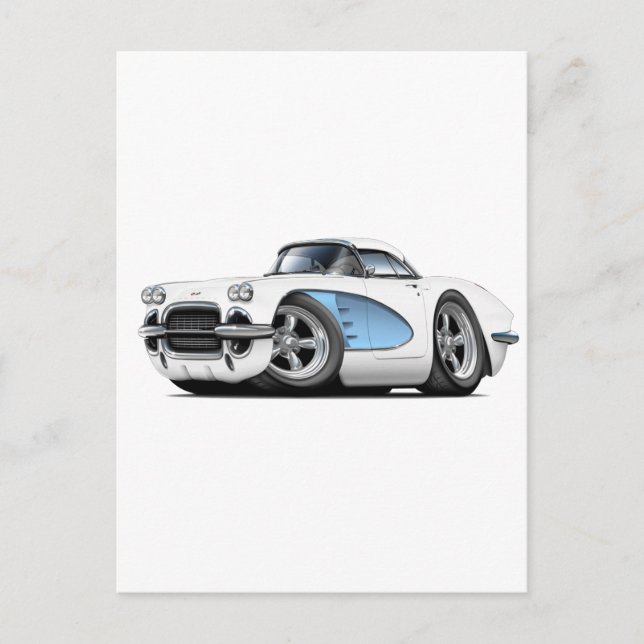 Postal Coche blanco-azul Corvette de 1961 (Anverso)