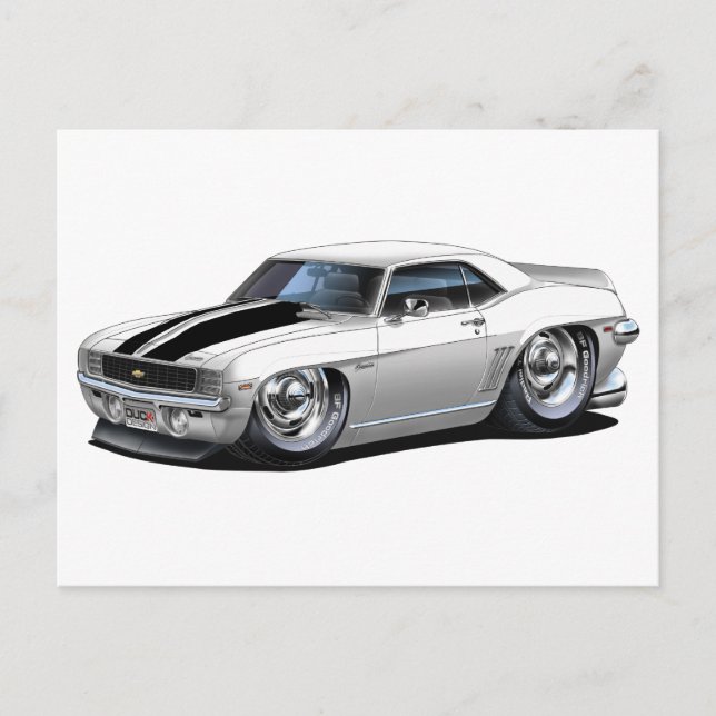 Postal Coche Camaro blanco-negro de 1969 (Anverso)