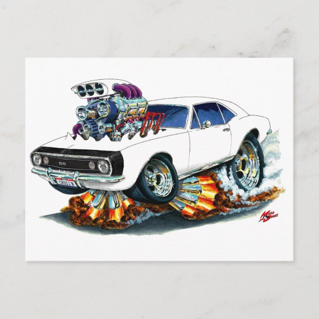 Postal Coche Camaro SS blanco-negro de 1967 (Anverso)