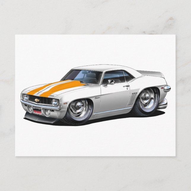 Postal Coche Camaro SS Naranja blanco de 1969 (Anverso)