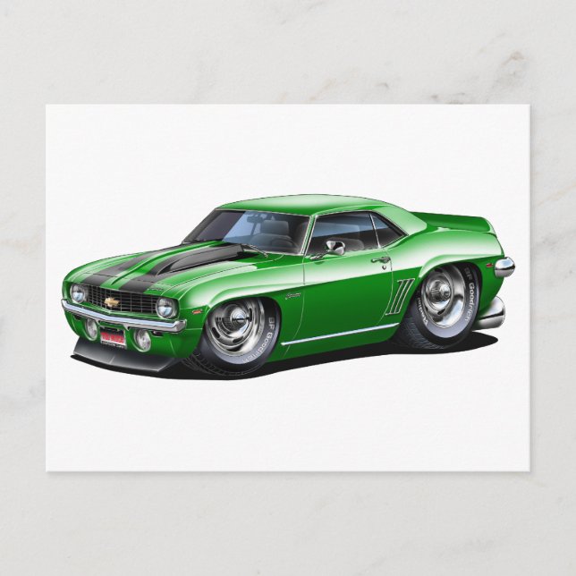 Postal Coche Camaro SS verde-negro de 1969 (Anverso)