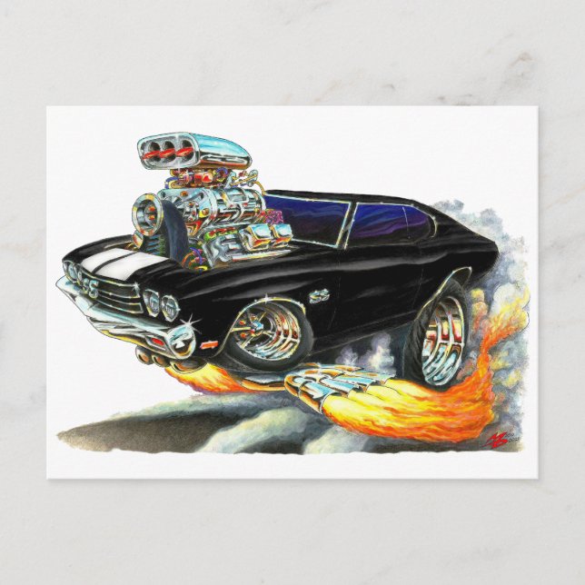 Postal Coche Chevelle Blanco-Negro de 1970 (Anverso)