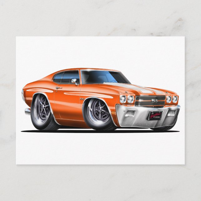 Postal Coche Chevelle Naranja-Blanco 1970 (Anverso)
