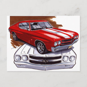 Postal Coche Chevelle Rojo-Blanco 1970