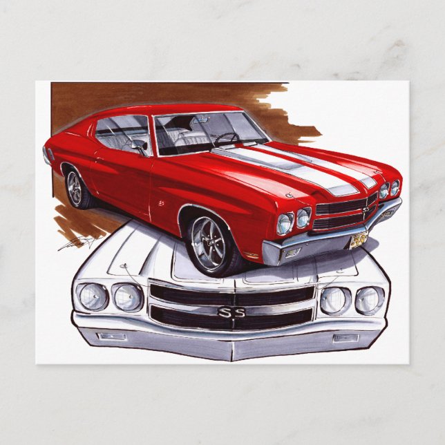 Postal Coche Chevelle Rojo-Blanco 1970 (Anverso)