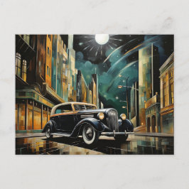 Postal Coche clásico inspirado en Art Déco bajo la luz de