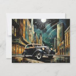 Postal Coche clásico inspirado en Art Déco bajo la luz de