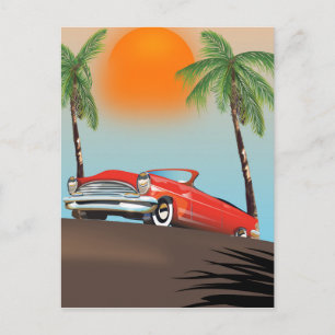 Postal Coche Clásico Rojo Vintage En El Paraíso