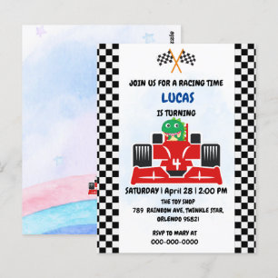 Postal coche de carreras de dinosaurio de cumpleaños niño