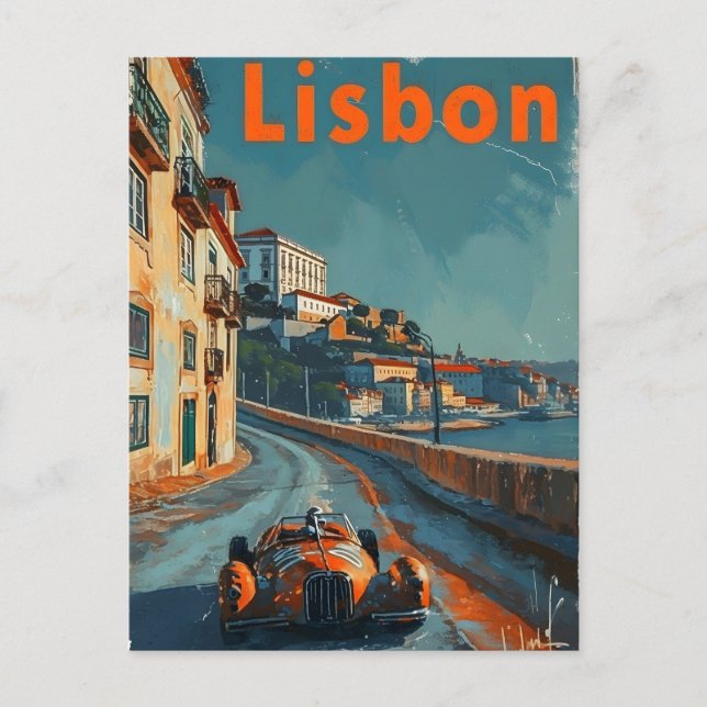 Postal Coche de carreras vintage en Lisboa (Anverso)