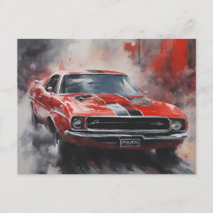 Postal Coche de músculo rojo vintage con banda de plata
