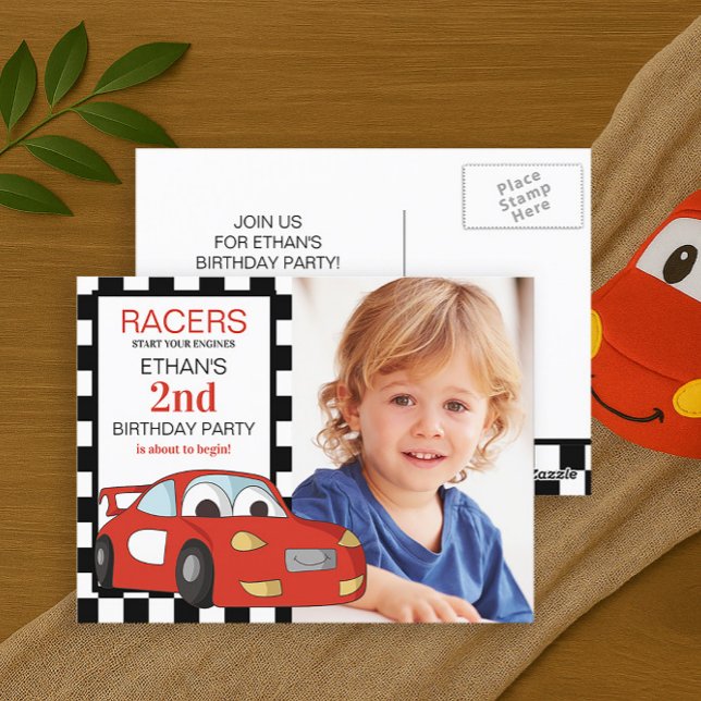 Postal Coche de raza roja negro blanco revisado segundo c (Red race car child's birthday party photo postcard invitation)
