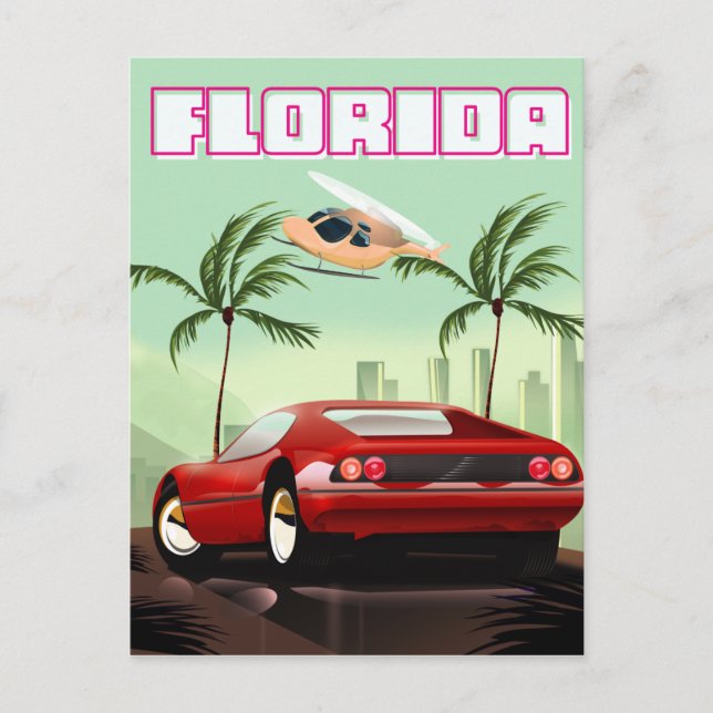 Postal coche deportivo retro rojo de Florida (Anverso)