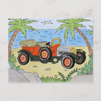 Postal coche en la playa