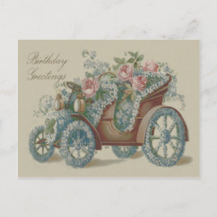 Postal Coche Floral Flores Olvidaítame Rosa