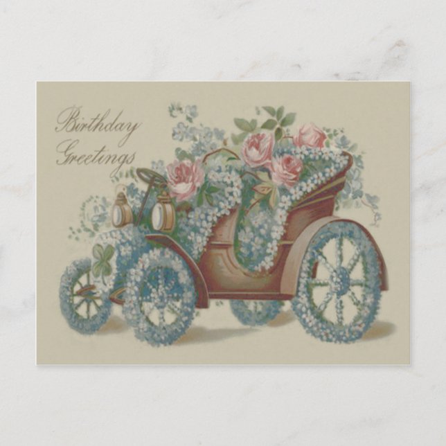 Postal Coche Floral Flores Olvidaítame Rosa (Anverso)
