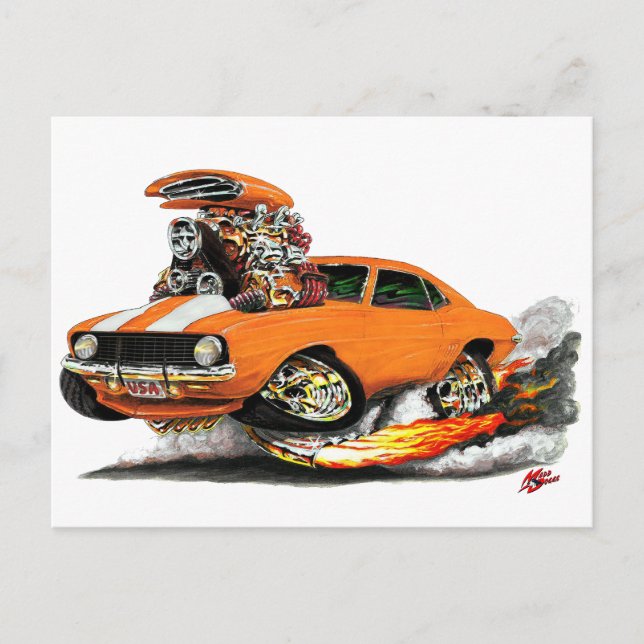 Postal Coche Naranja-blanco Camaro SS de 1969 (Anverso)