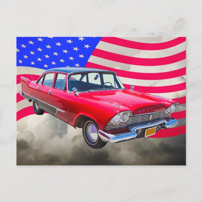 Postal Coche Plymouth Savoy Con Bandera Estadounidense De (Anverso)