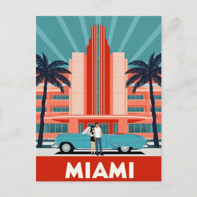 Postal Coche retro de Miami Art Deco South Beach (Anverso)