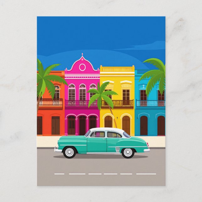 Postal Coche Retro y Edificios Coloniales Coloridos Cuba (Anverso)