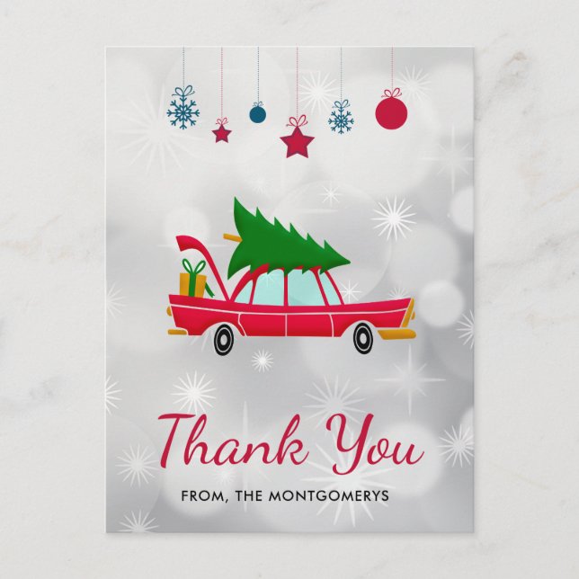 Postal Coche Rojo Retro que Lleva un Árbol de Navidad Gra (Anverso)