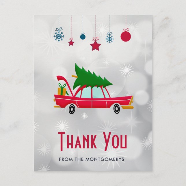 Postal Coche Rojo Retro que Lleva un Árbol de Navidad Gra (Anverso)