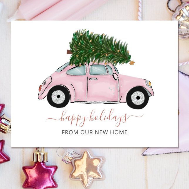 Postal Coche rosa de árbol de Navidad Weve vacaciones mue (Subido por el creador)