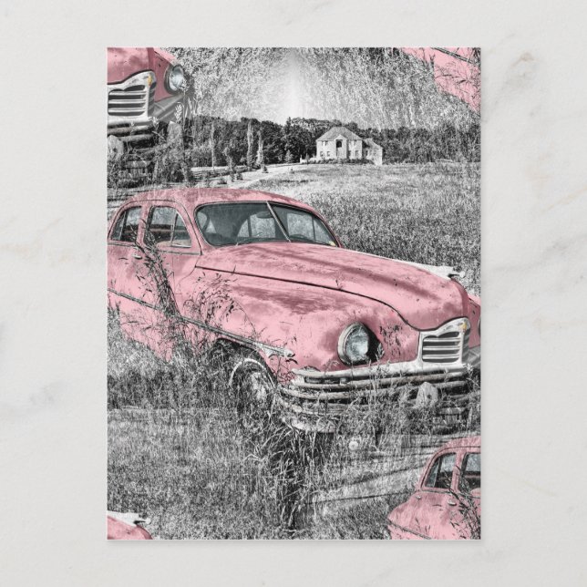Postal coche rosa vintage (Anverso)