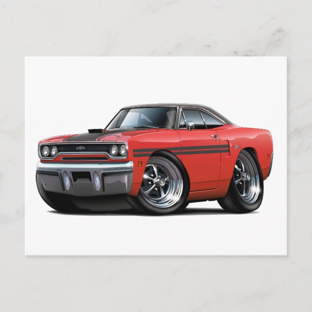 Postal Coche superior rojo-negro de Plymouth GTX 1970 (Anverso)