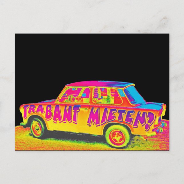 Postal Coche Trabant, efecto Raibow, espalda negra, Berlí (Anverso)