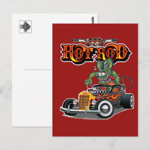 Postal Coche tuneado retro de dibujos animados