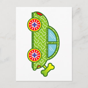Postal Coche verde con diseño de huesos de perro