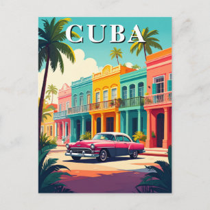 Postal Coche vintage de Cuba y colorida calle colonial