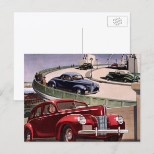 Postal Coches antiguos, viaje en carretera por la autopis