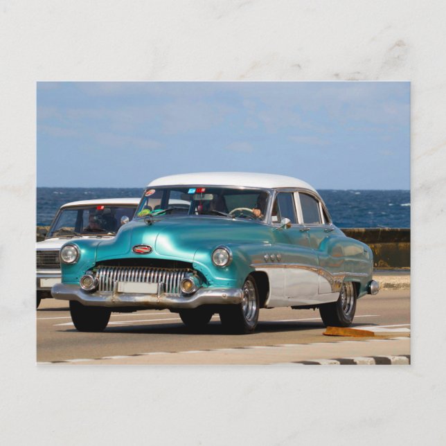 Postal Coches clásicos de Cuba Turquesa y Sedán Blanco (Anverso)