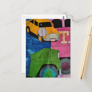 Postal Coches y camiones colores brillantes collage de me