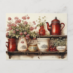Postal Cocina campestre vintage en rojo y blanco con acua