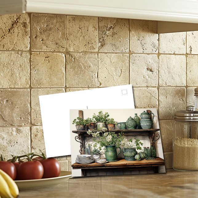 Postal Cocina de madera antigua Shelf Platos blancos verd (Subido por el creador)