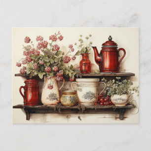 Postal Cocina del campo rojo vintage