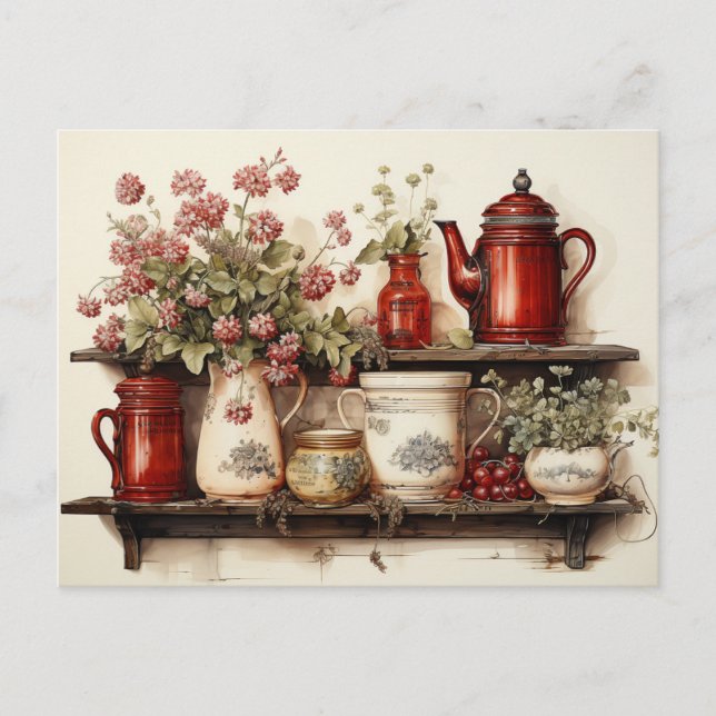 Postal Cocina del campo rojo vintage (Anverso)
