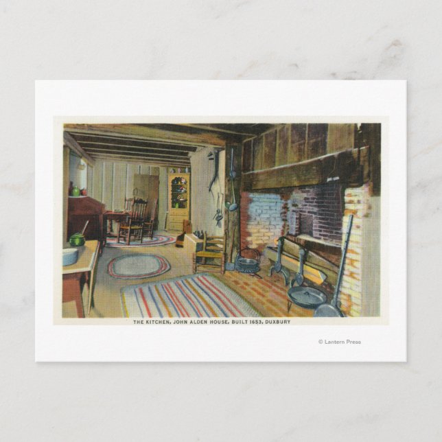Postal Cocina interior con vistas a la casa de John Alden (Anverso)
