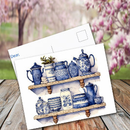 Postal Cocina vintage Shelf Blue White Produce Café Té
