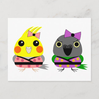 Postal Cockatiel y el loro senegalés en Kimonos