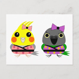 Postal Cockatiel y el loro senegalés en Kimonos