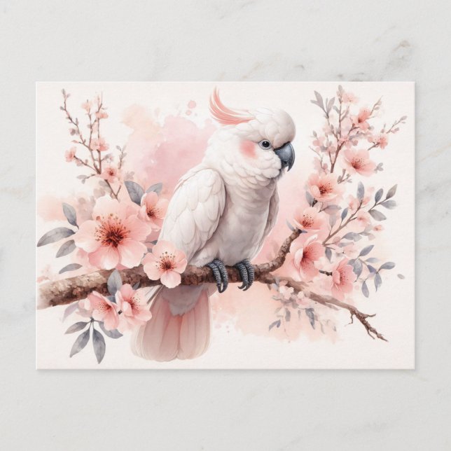 Postal Cockatoo acuarela y flores rosadas (Anverso)