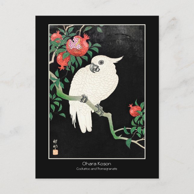 Postal Cockatoo y Pomegranate - Ohara Koson + título Arte (Anverso)
