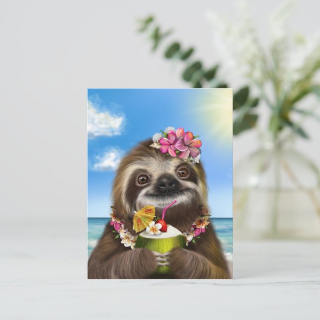 Postal Cocktail Sloth en la playa (Anverso de pie)