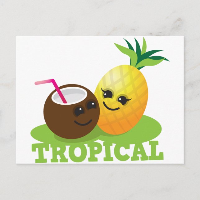 Postal Coco kawaii lindo TROPICAL y piña (Anverso)